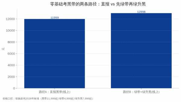 零基础考黑带两条路径费用对比：直报11,999 vs 绿带加绿升黑12,998